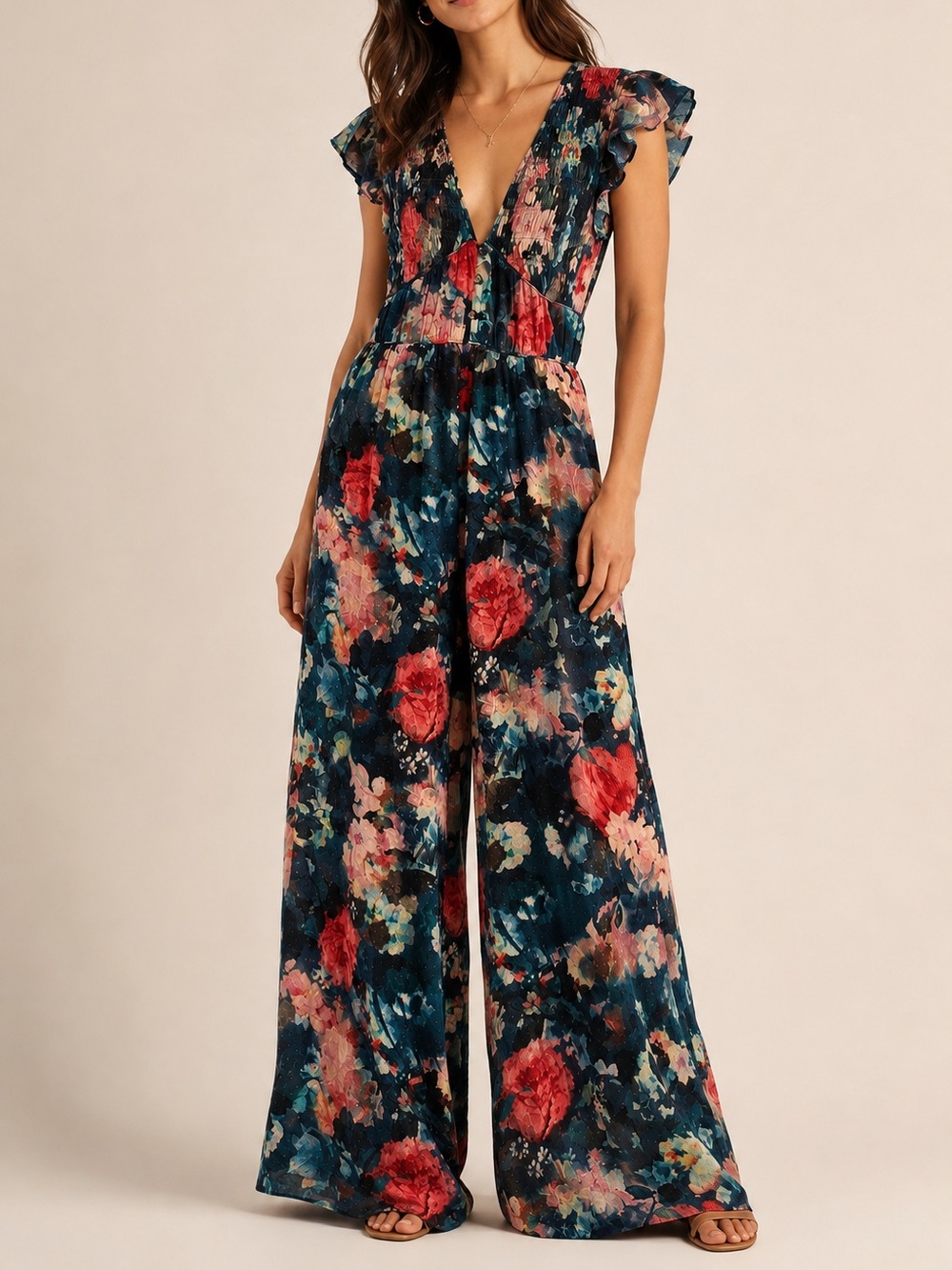 Anthropologie The Peregrine Floral Wide Leg Smocked Flutter Sleeve Jumpsuit Smal